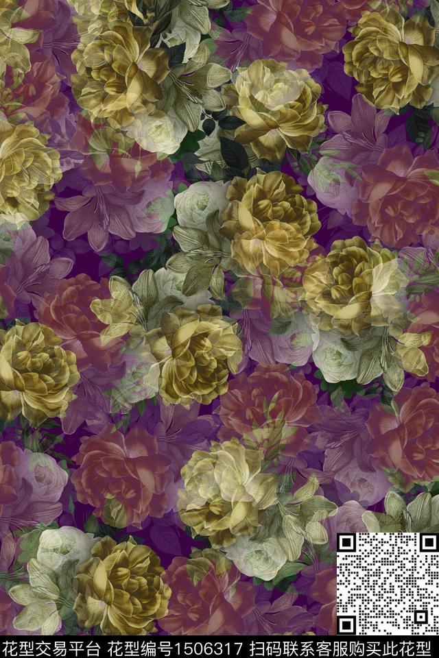 水彩花卉大牌风数码印花华亿平台下载（图片编号: 1506317） - 瓦栏（Walan）