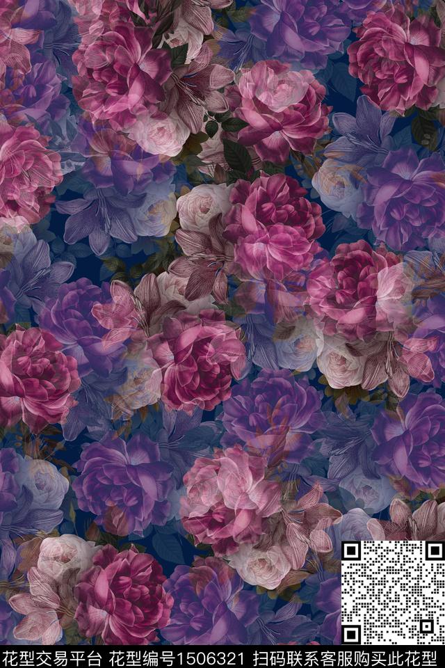 水彩花卉大牌风数码印花华亿平台下载（图片编号: 1506321） - 瓦栏（Walan）