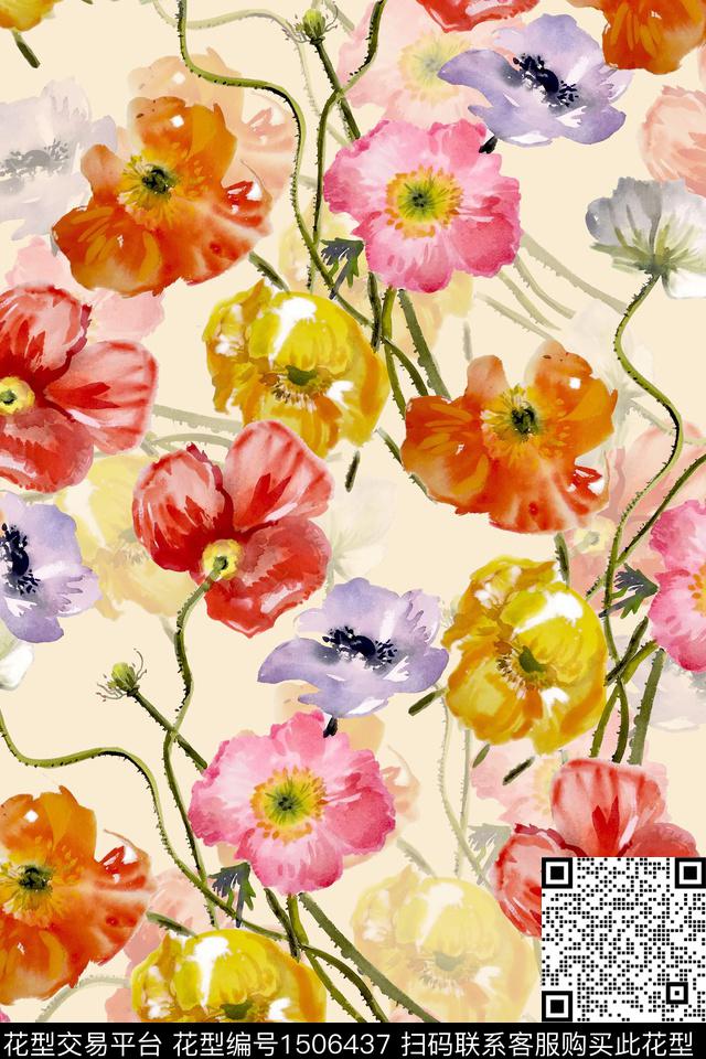 花卉小清新真丝数码印花华亿平台下载（图片编号: 1506437） - 瓦栏（Walan）