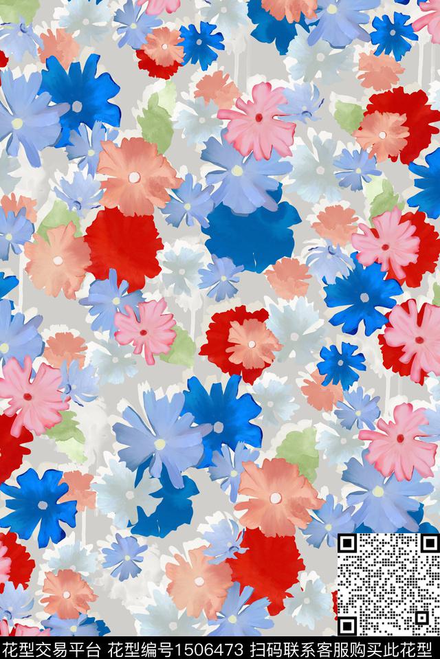 花卉抽象手绘花卉数码印花华亿平台下载（图片编号: 1506473） - 瓦栏（Walan）