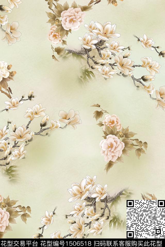 玉兰花花卉旗袍数码印花华亿平台下载（图片编号: 1506518） - 瓦栏（Walan）