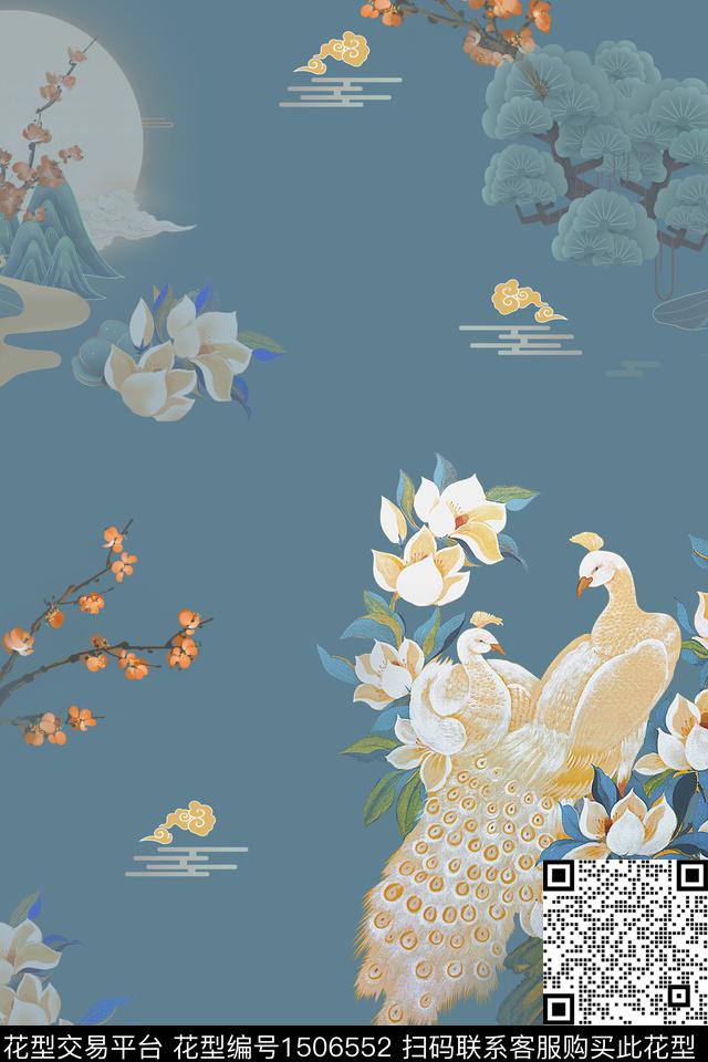 梅花孔雀真丝数码印花华亿平台下载（图片编号: 1506552） - 瓦栏（Walan）