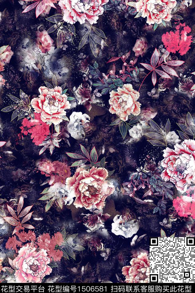 香云纱中国风花卉满版散花数码印花华亿平台下载（图片编号: 1506581） - 瓦栏（Walan）