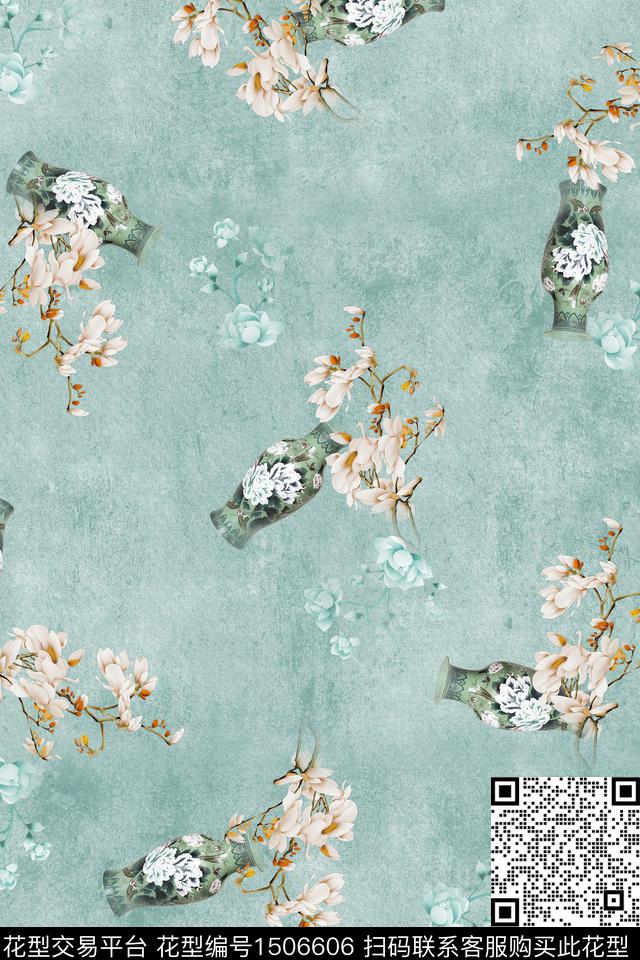 花卉中国风花瓶数码印花华亿平台下载（图片编号: 1506606） - 瓦栏（Walan）