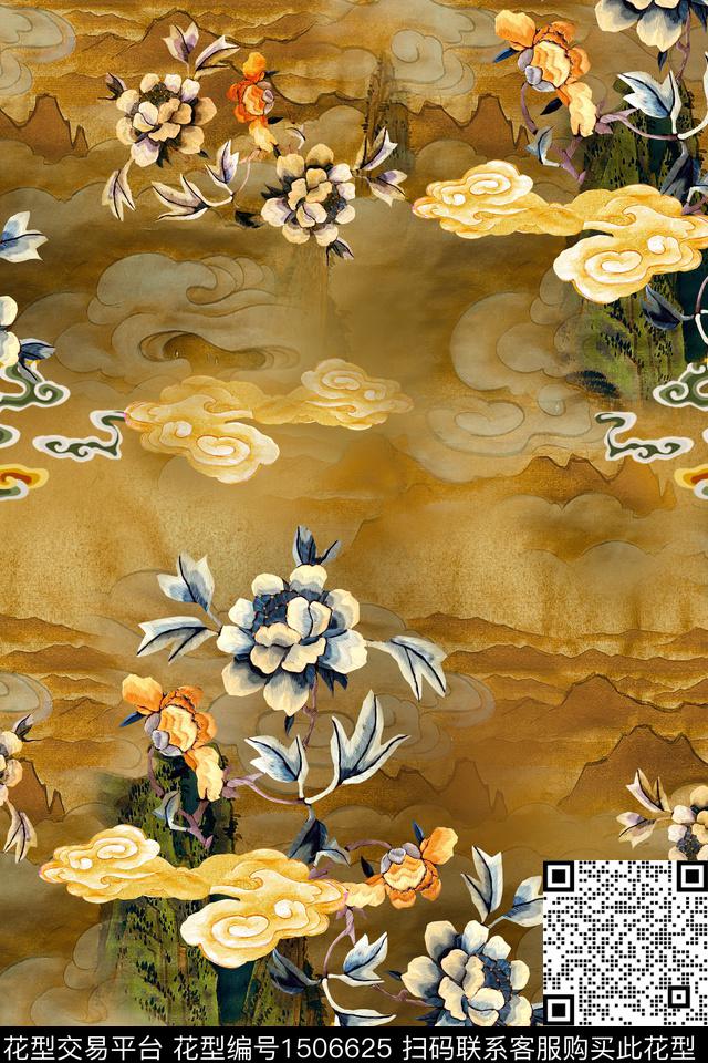 真丝中国风华亿平台祥云底纹数码印花华亿平台下载（图片编号: 1506625） - 瓦栏（Walan）