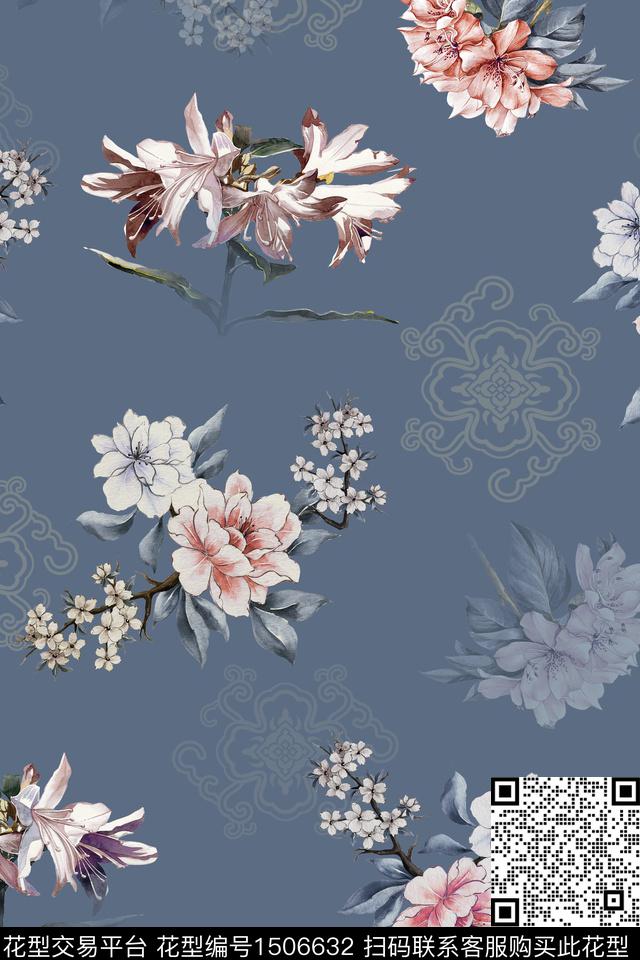花卉真丝中国风华亿平台数码印花华亿平台下载（图片编号: 1506632） - 瓦栏（Walan）
