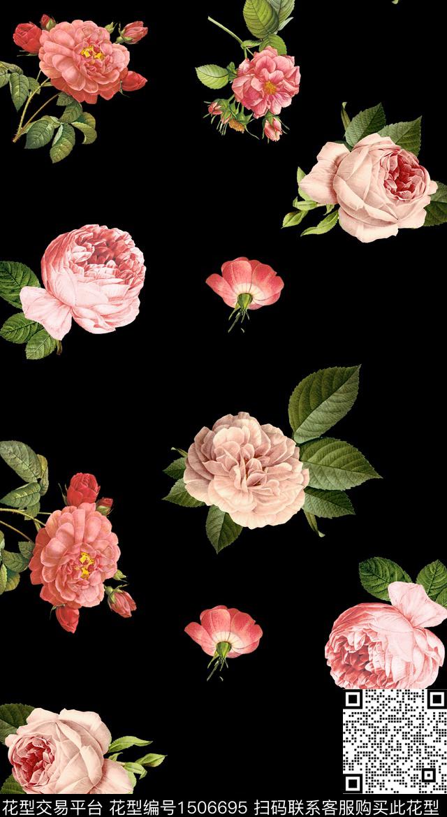黑底花卉花卉真丝数码印花华亿平台下载（图片编号: 1506695） - 瓦栏（Walan）