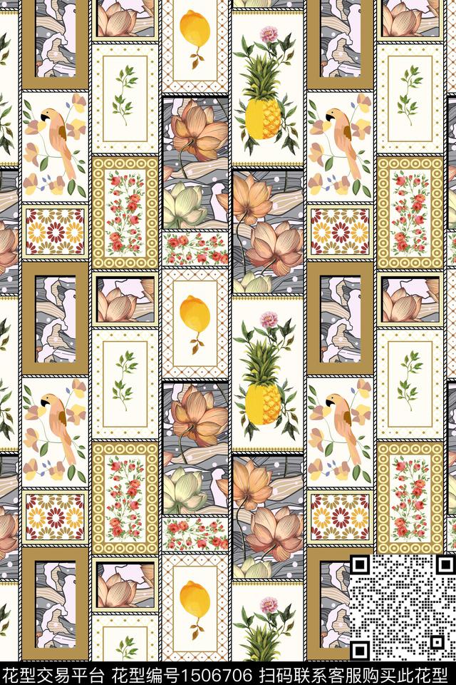 几何格子花卉数码印花华亿平台下载（图片编号: 1506706） - 瓦栏（Walan）