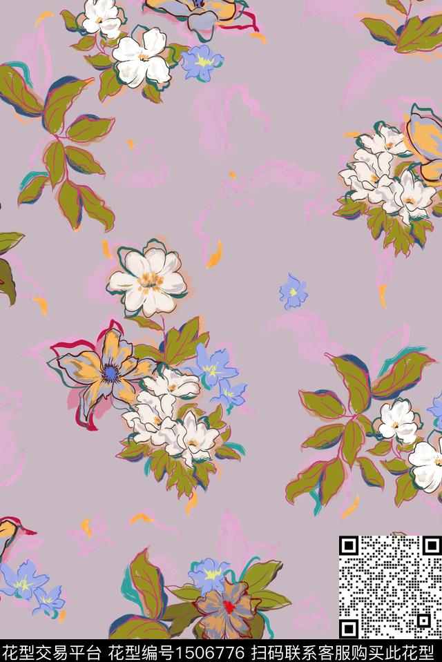 花卉手绘清爽底花卉数码印花华亿平台下载（图片编号: 1506776） - 瓦栏（Walan）