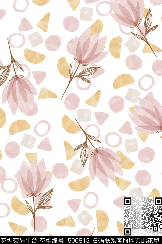 几何清爽底花卉花卉数码印花华亿平台下载（图片编号: 1506813） - 瓦栏（Walan）