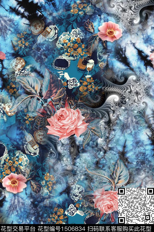 抽象花卉花卉大牌风数码印花华亿平台下载（图片编号: 1506834） - 瓦栏（Walan）