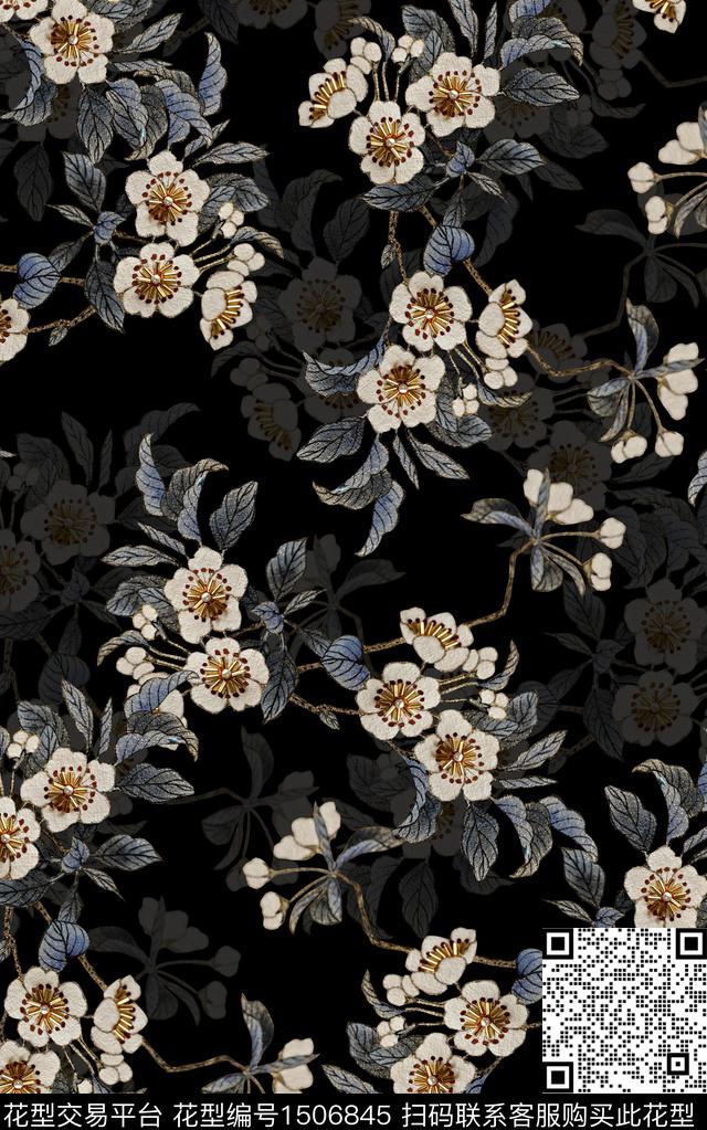 刺绣花卉黑底花卉复古女装数码印花华亿平台下载（图片编号: 1506845） - 瓦栏（Walan）