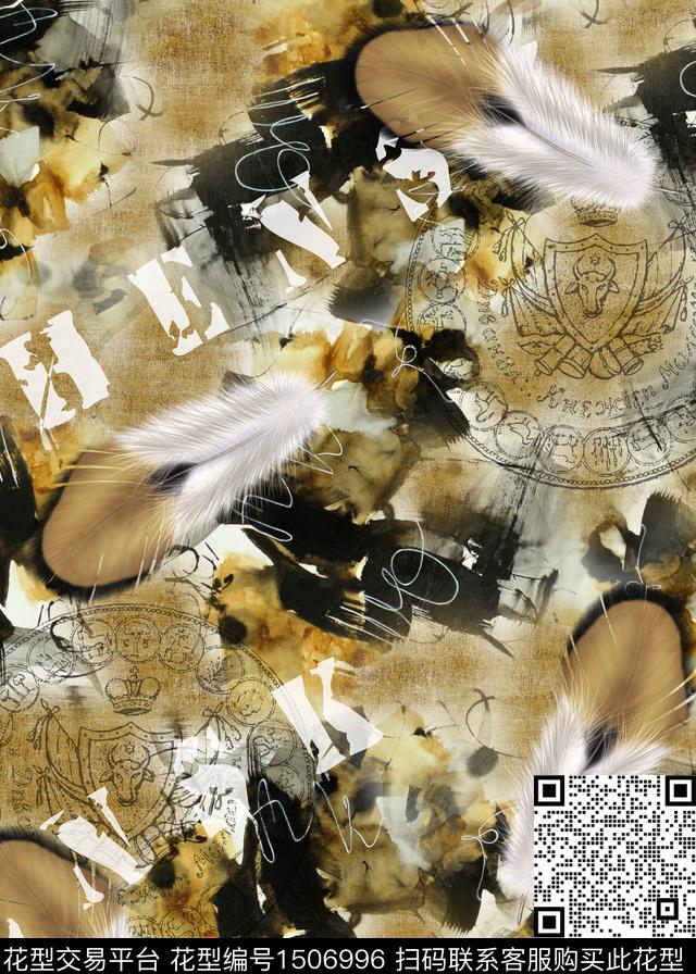 字母羽毛复古数码印花华亿平台下载（图片编号: 1506996） - 瓦栏（Walan）