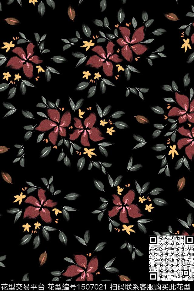 黑底花卉花卉数码印花华亿平台下载（图片编号: 1507021） - 瓦栏（Walan）