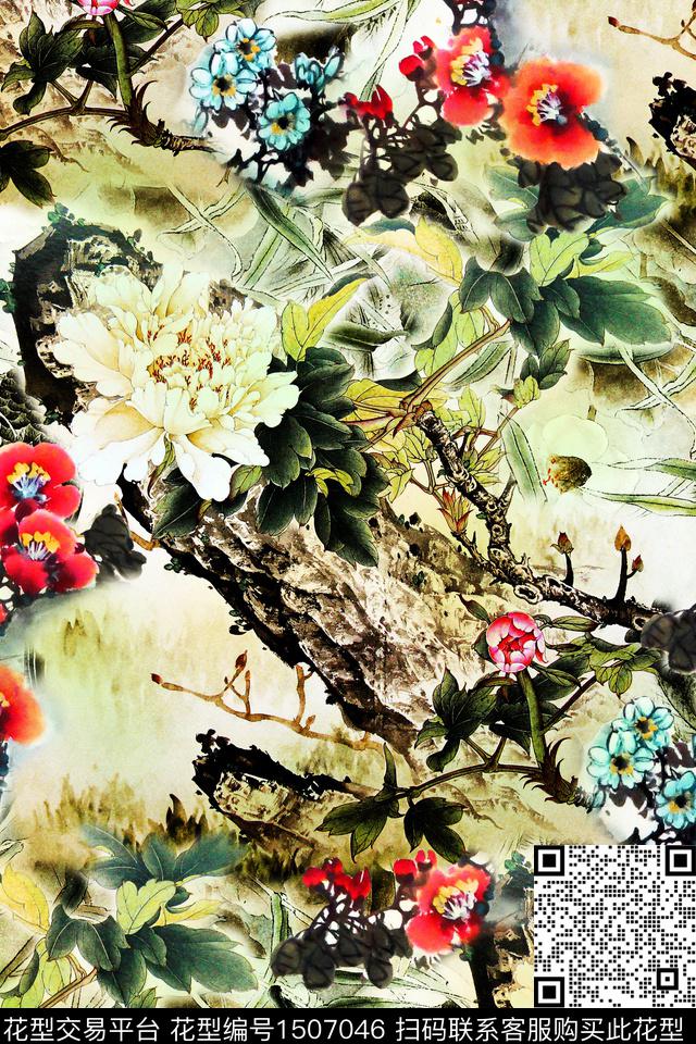 花卉旗袍国画数码印花华亿平台下载（图片编号: 1507046） - 瓦栏（Walan）