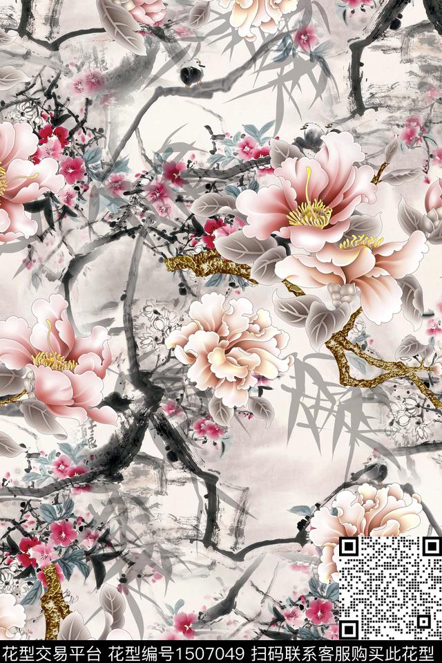 月季花中国风花卉旗袍风数码印花华亿平台下载（图片编号: 1507049） - 瓦栏（Walan）