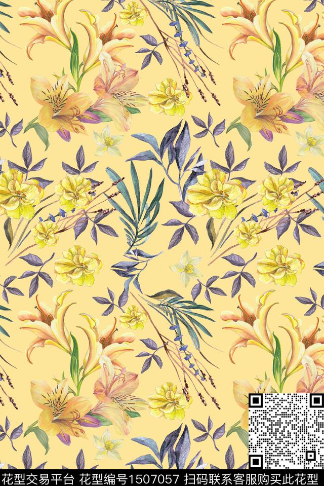 绿植树叶花卉香云纱数码印花华亿平台下载（图片编号: 1507057） - 瓦栏（Walan）