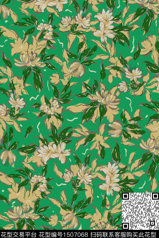 花卉抽象笔触花卉数码印花华亿平台下载（图片编号: 1507068） - 瓦栏（Walan）