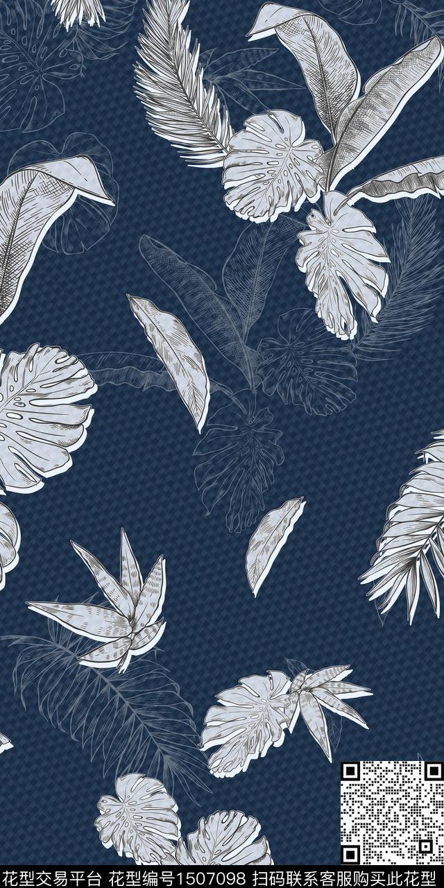 绿植树叶几何满版散花传统印花华亿平台下载（图片编号: 1507098） - 瓦栏（Walan）