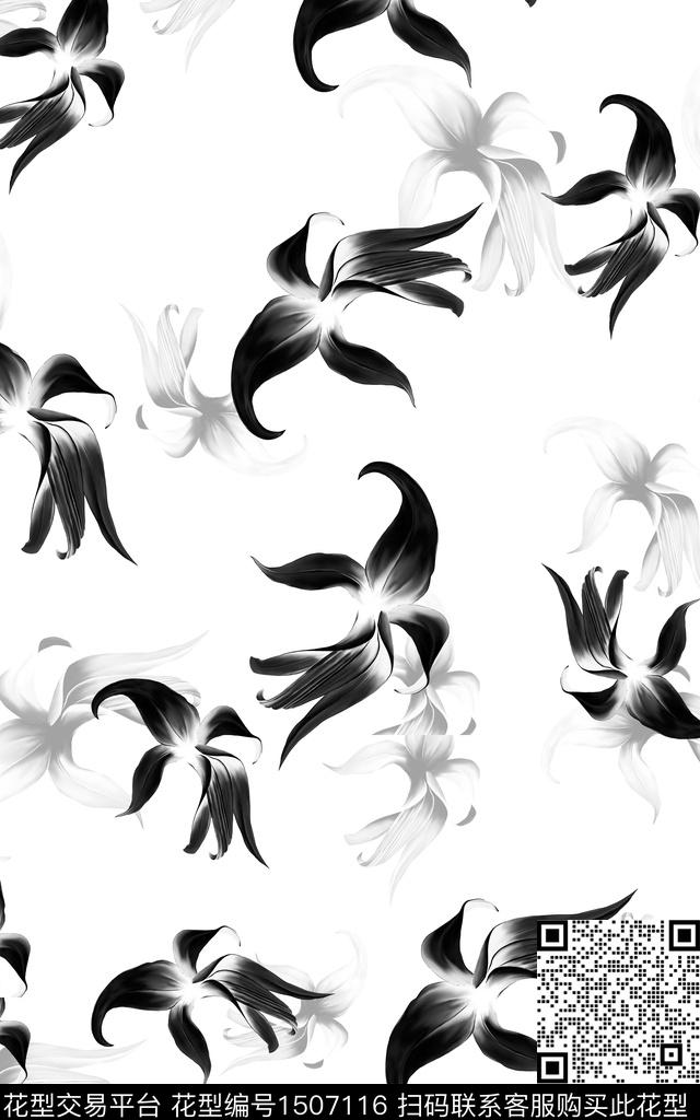 黑白华亿平台花卉真丝数码印花华亿平台下载（图片编号: 1507116） - 瓦栏（Walan）