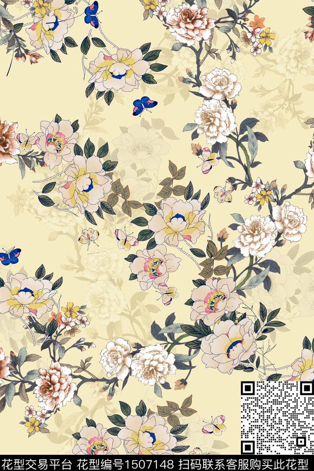 香云纱满版散花中国风花卉数码印花华亿平台下载（图片编号: 1507148） - 瓦栏（Walan）