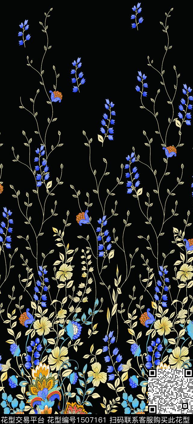 黑底花卉连衣裙女装定位花数码印花华亿平台下载（图片编号: 1507161） - 瓦栏（Walan）
