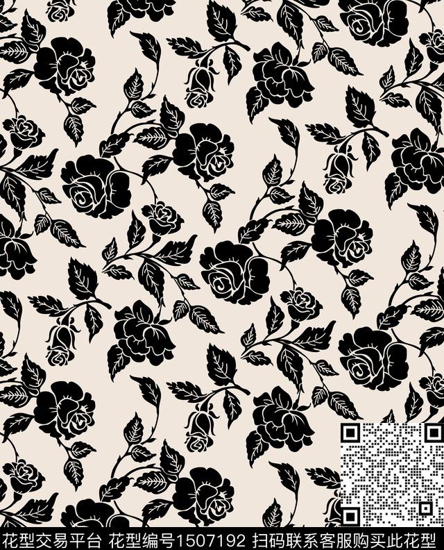 黑底花卉连衣裙花卉传统印花华亿平台下载（图片编号: 1507192） - 瓦栏（Walan）