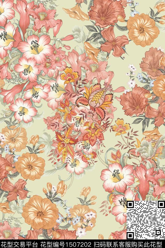花卉香云纱大牌风数码印花华亿平台下载（图片编号: 1507202） - 瓦栏（Walan）