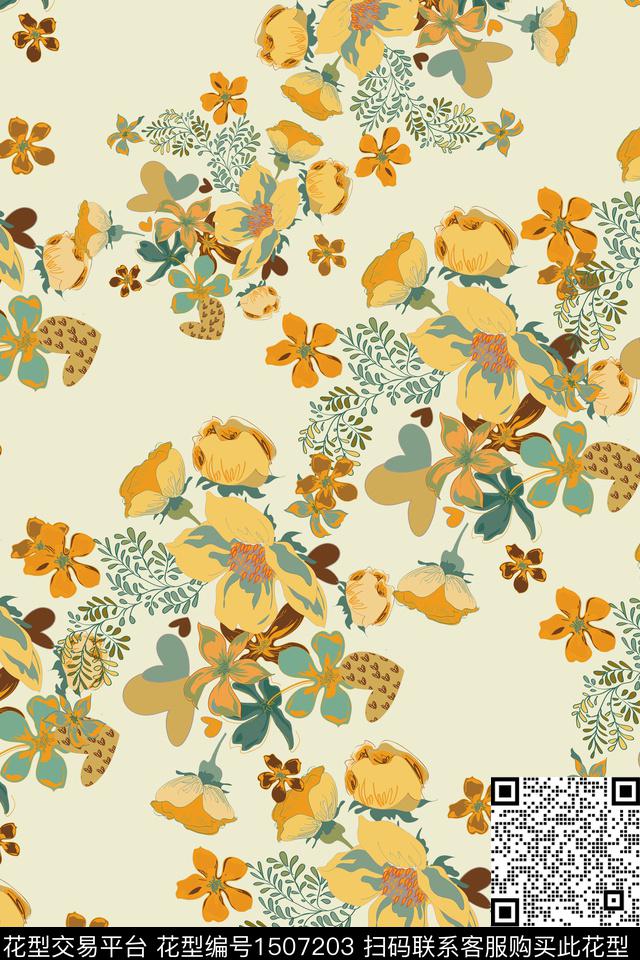 花卉香云纱大牌风数码印花华亿平台下载（图片编号: 1507203） - 瓦栏（Walan）