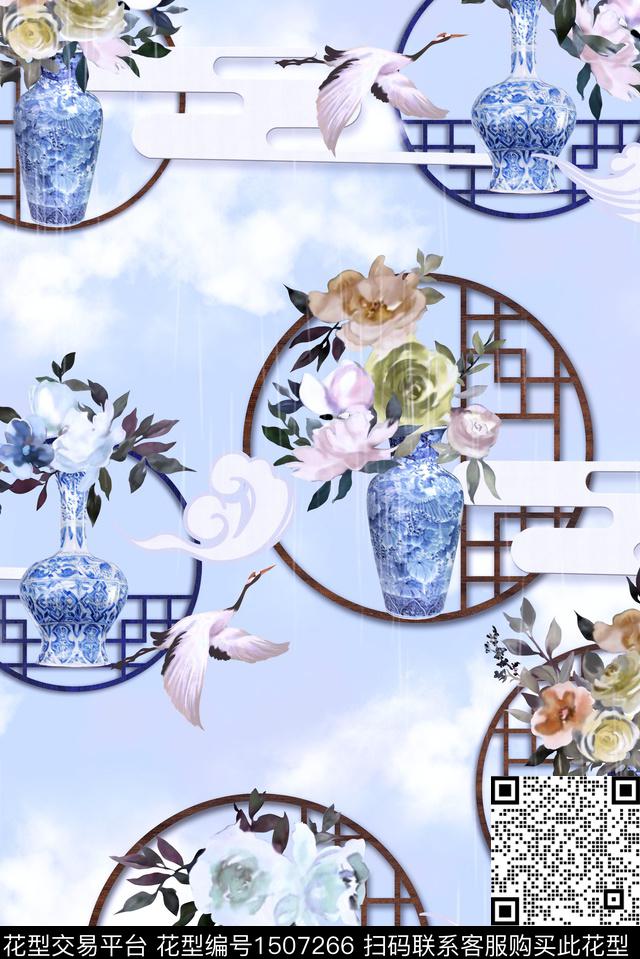 花瓶花卉中国风数码印花华亿平台下载（图片编号: 1507266） - 瓦栏（Walan）