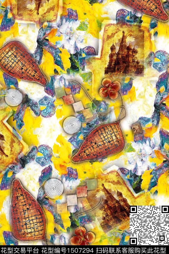 花卉大牌风抽象数码印花华亿平台下载（图片编号: 1507294） - 瓦栏（Walan）