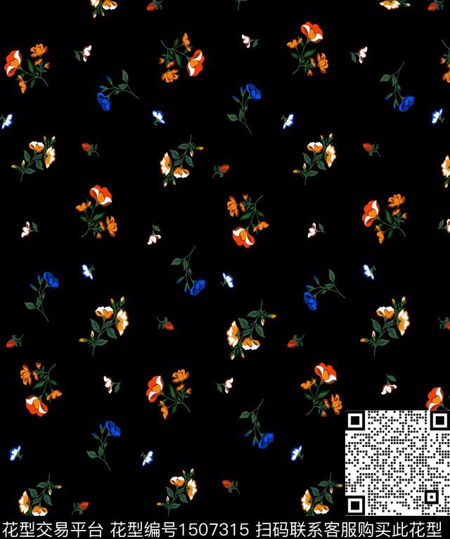 黑底花卉连衣裙花卉数码印花华亿平台下载（图片编号: 1507315） - 瓦栏（Walan）