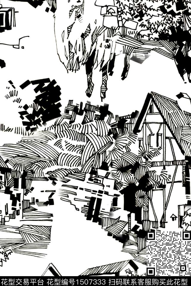 线条画简约中国风数码印花华亿平台下载（图片编号: 1507333） - 瓦栏（Walan）
