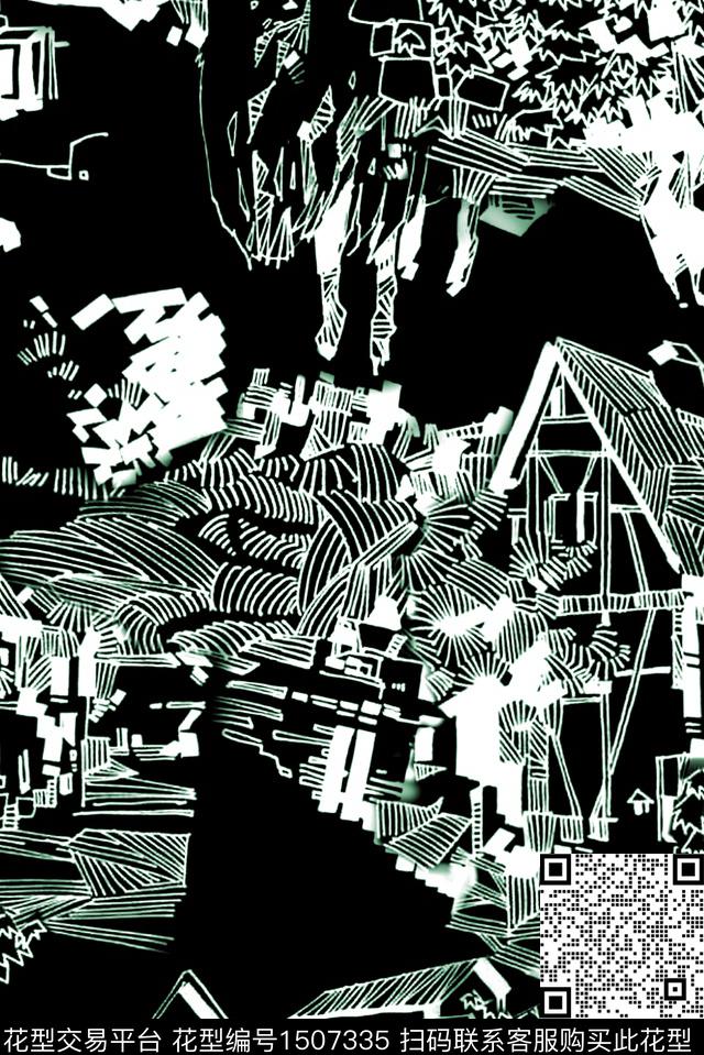 线条画简约中国风数码印花华亿平台下载（图片编号: 1507335） - 瓦栏（Walan）