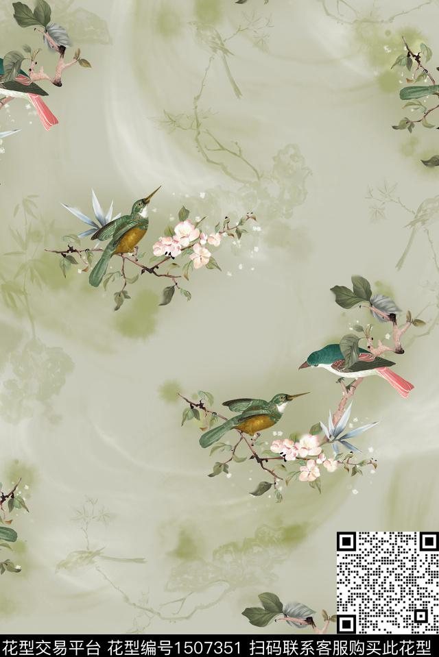 花鸟剪影底纹数码印花华亿平台下载（图片编号: 1507351） - 瓦栏（Walan）