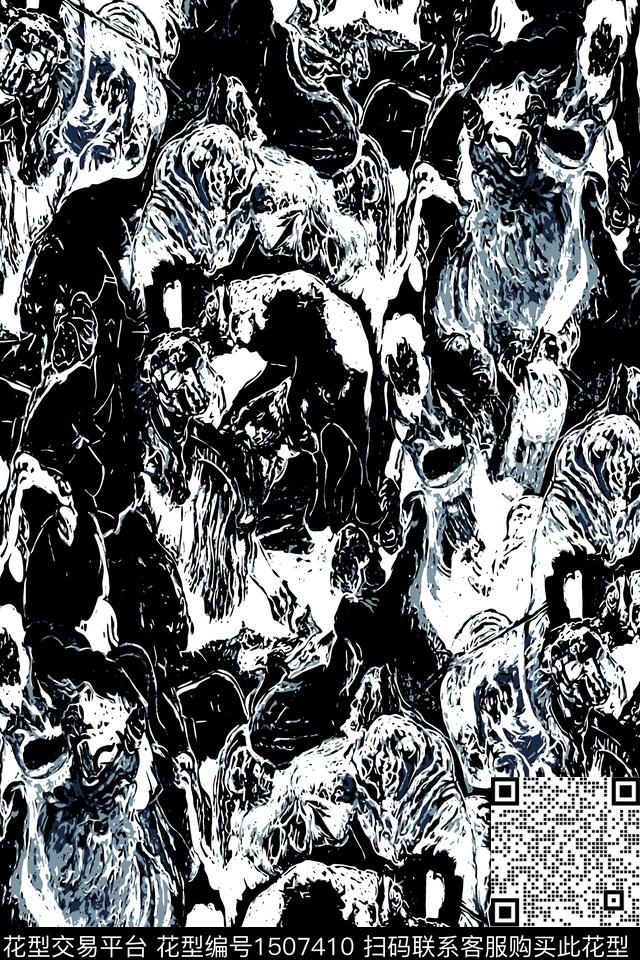 黑底花卉简欧抽象传统印花华亿平台下载（图片编号: 1507410） - 瓦栏（Walan）