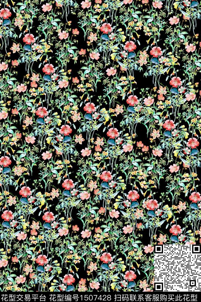 黑底花卉花卉大牌风数码印花华亿平台下载（图片编号: 1507428） - 瓦栏（Walan）