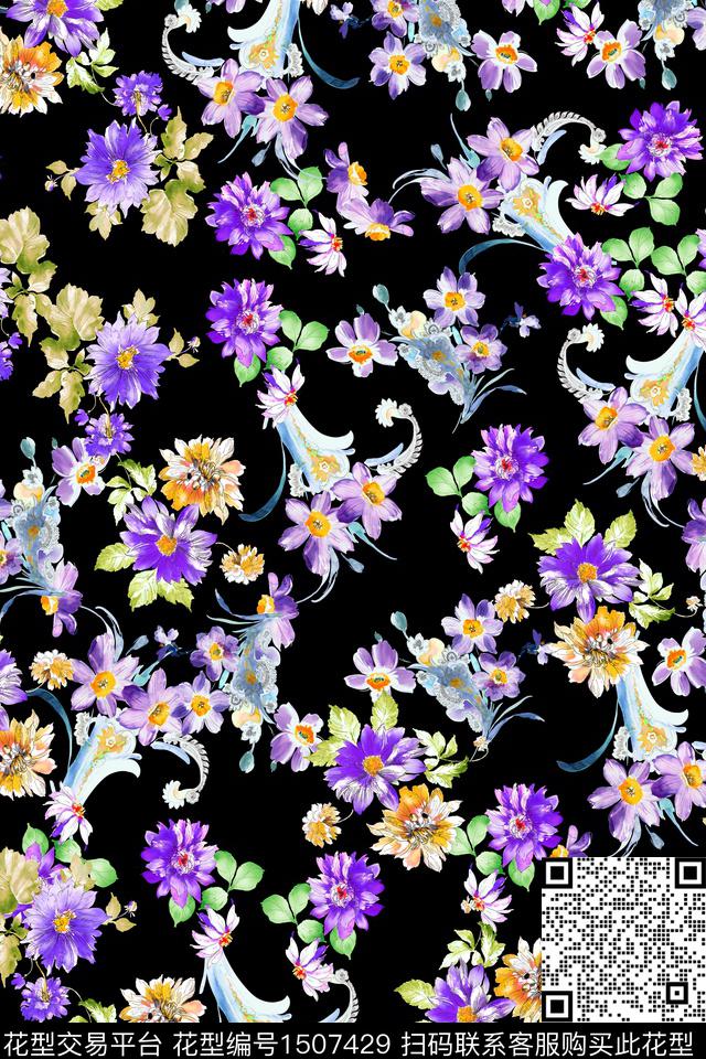 黑底花卉花卉大牌风数码印花华亿平台下载（图片编号: 1507429） - 瓦栏（Walan）
