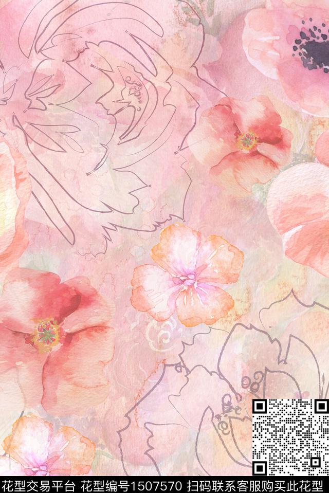 花卉香云纱渐变数码印花华亿平台下载（图片编号: 1507570） - 瓦栏（Walan）