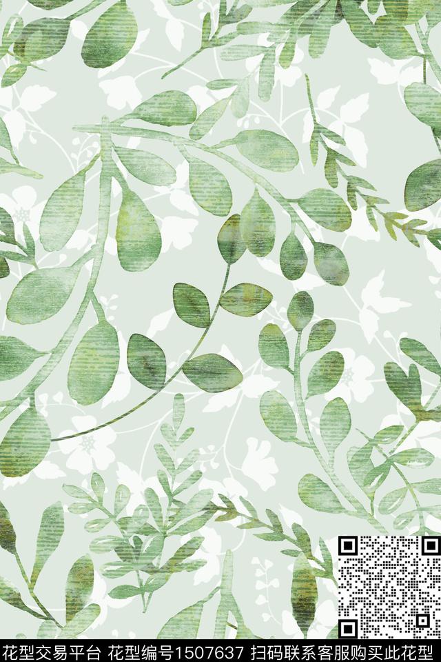 绿植树叶小清新真丝数码印花华亿平台下载（图片编号: 1507637） - 瓦栏（Walan）