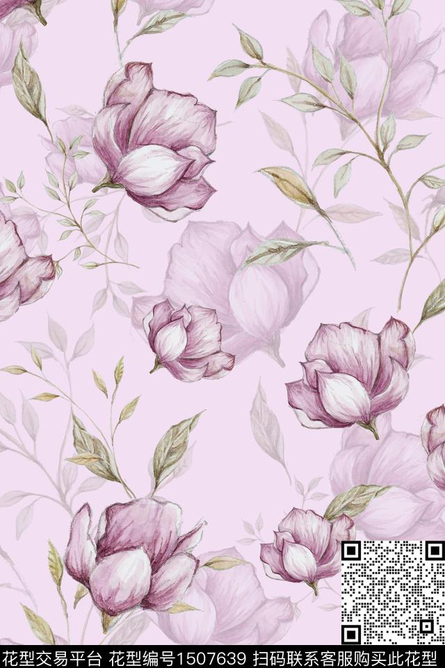 花卉小清新真丝数码印花华亿平台下载（图片编号: 1507639） - 瓦栏（Walan）