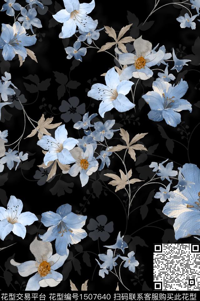 花卉大牌风真丝数码印花华亿平台下载（图片编号: 1507640） - 瓦栏（Walan）