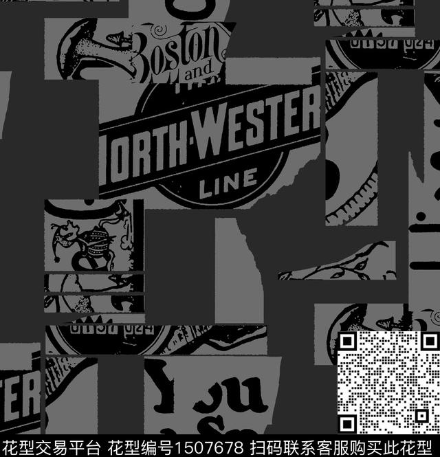 字母肌理黑白华亿平台传统印花华亿平台下载（图片编号: 1507678） - 瓦栏（Walan）