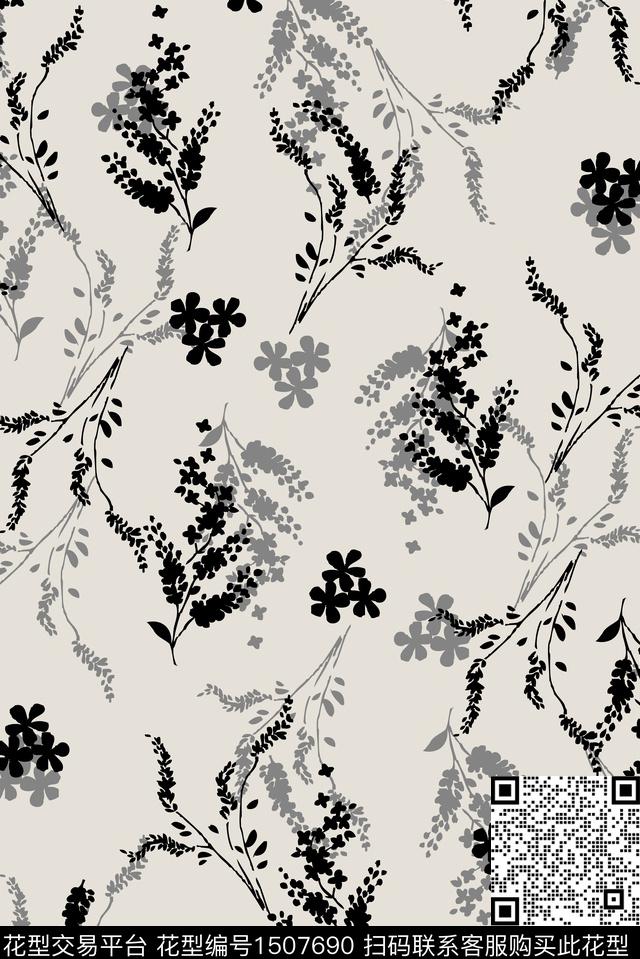 黑白华亿平台水墨风清爽底花卉数码印花华亿平台下载（图片编号: 1507690） - 瓦栏（Walan）