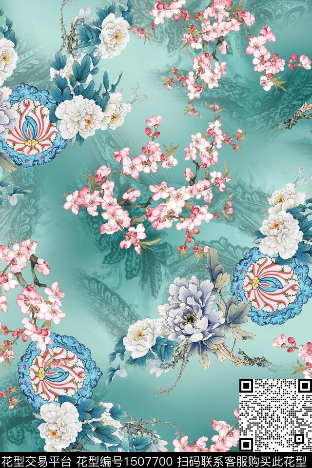 植物中国风旗袍剪影数码印花华亿平台下载（图片编号: 1507700） - 瓦栏（Walan）