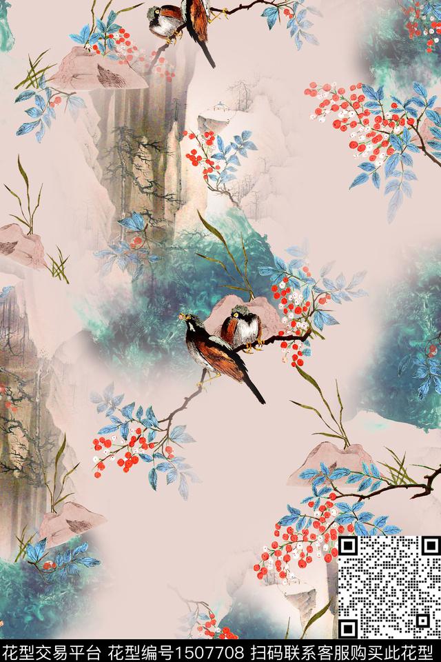 植物中国风旗袍鸟数码印花华亿平台下载（图片编号: 1507708） - 瓦栏（Walan）
