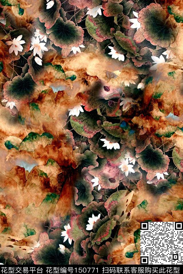 中国风国画荷花数码印花华亿平台下载（图片编号: 150771） - 瓦栏（Walan）