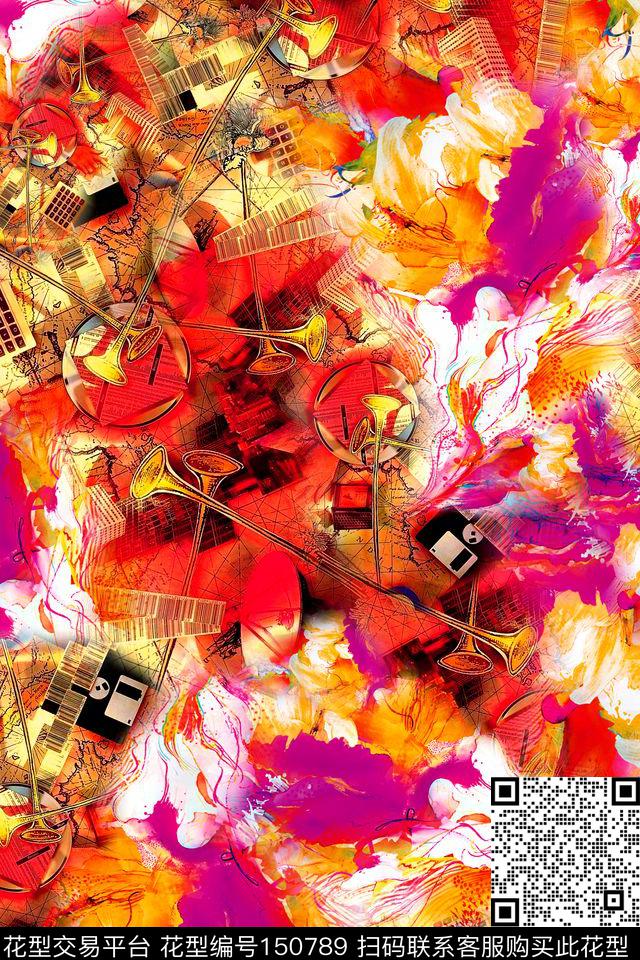 抽象拼贴红色数码印花华亿平台下载（图片编号: 150789） - 瓦栏（Walan）