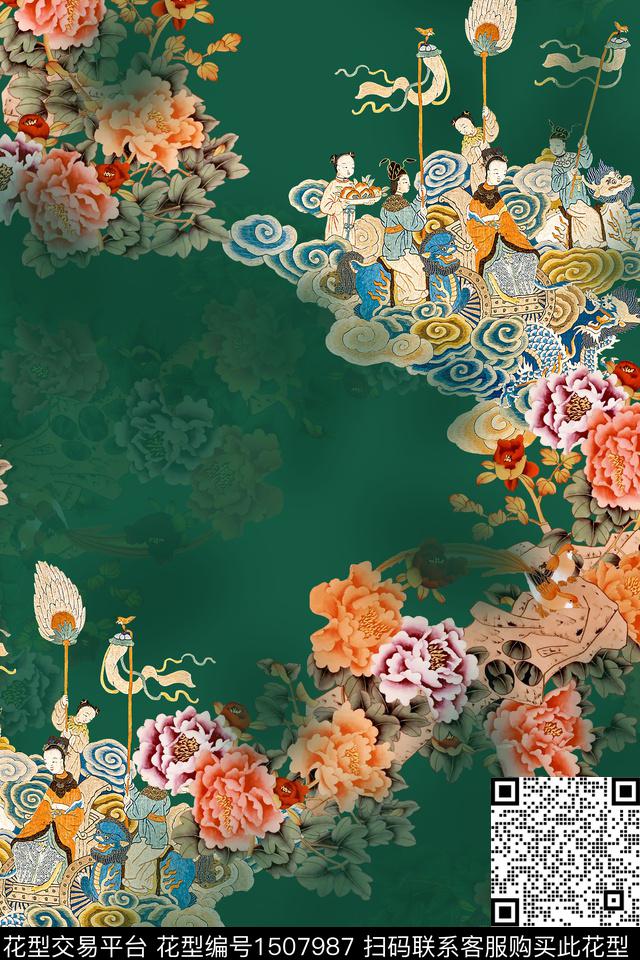 香云纱牡丹中国风华亿平台数码印花华亿平台下载（图片编号: 1507987） - 瓦栏（Walan）