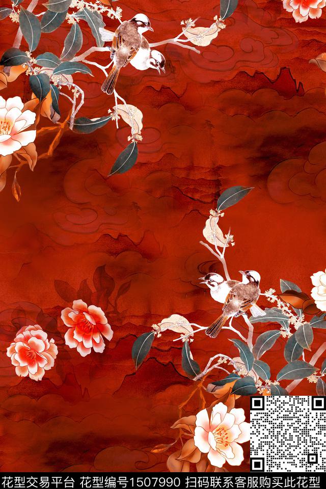 花鸟香云纱中国风华亿平台数码印花华亿平台下载（图片编号: 1507990） - 瓦栏（Walan）